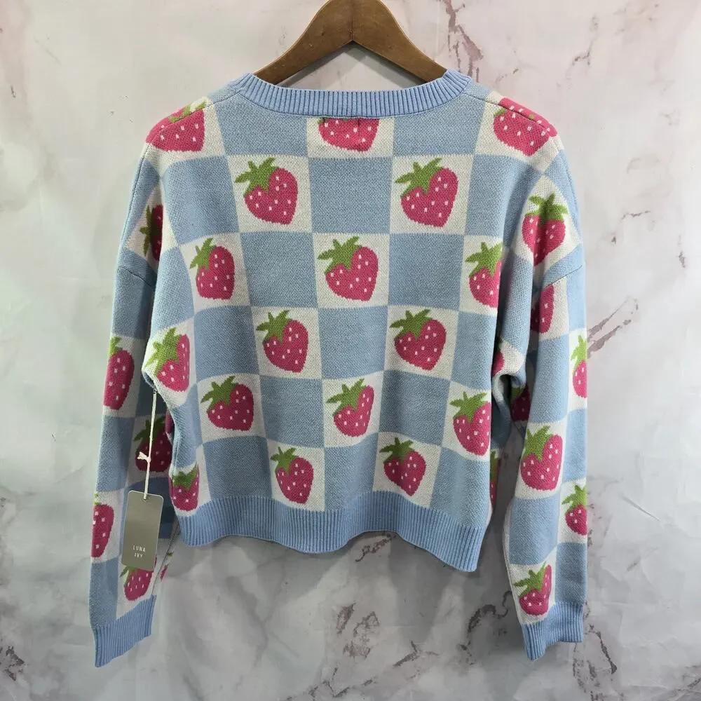 Luna Ivy Sweater Girls Medium Blue Pink Strawbery Checkered Crew T8665